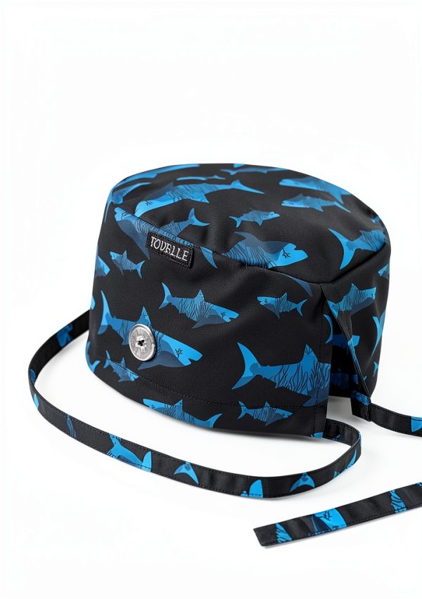 Tie-Back Scrub Cap with Button and Sweatband Modern Classic, Black Shark Print Double-Sided Adjustable Medical Hat for Men, Soft Comfortable, No-Slip for Long-Hour Wear-3