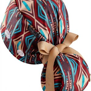 Ponytail Scrub Cap for Women – Brown Tribal Pattern Surgical Cap with Buttons, Sweatband & Double-Sided Print, Adjustable Surgical Hat for Women to Secure Long Hair and Helps Reduce Static Buildup-0