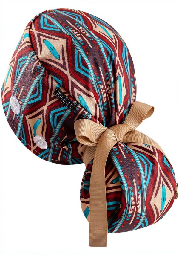 Ponytail Scrub Cap for Women – Brown Tribal Pattern Surgical Cap with Buttons, Sweatband & Double-Sided Print, Adjustable Surgical Hat for Women to Secure Long Hair and Helps Reduce Static Buildup-0