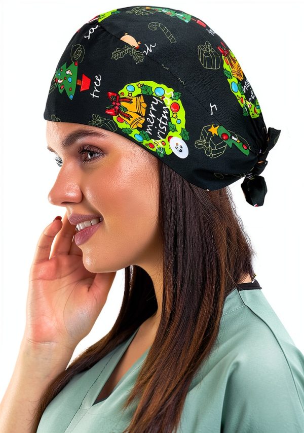 Christmas Scrub Cap Adjustable Bouffant Hat Green Black-3