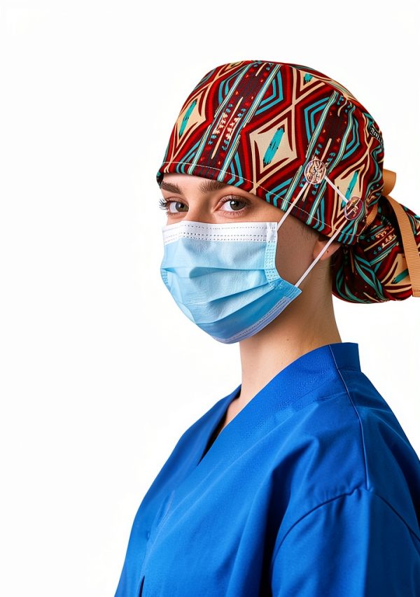 Ponytail Scrub Cap for Women – Brown Tribal Pattern Surgical Cap with Buttons, Sweatband & Double-Sided Print, Adjustable Surgical Hat for Women to Secure Long Hair and Helps Reduce Static Buildup-6