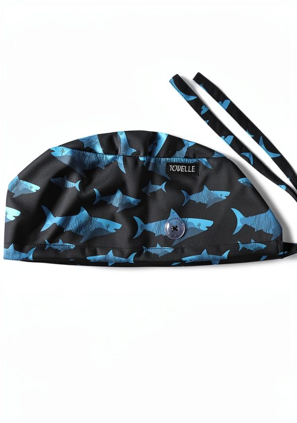 Tie-Back Scrub Cap with Button and Sweatband Modern Classic, Black Shark Print Double-Sided Adjustable Medical Hat for Men, Soft Comfortable, No-Slip for Long-Hour Wear-1