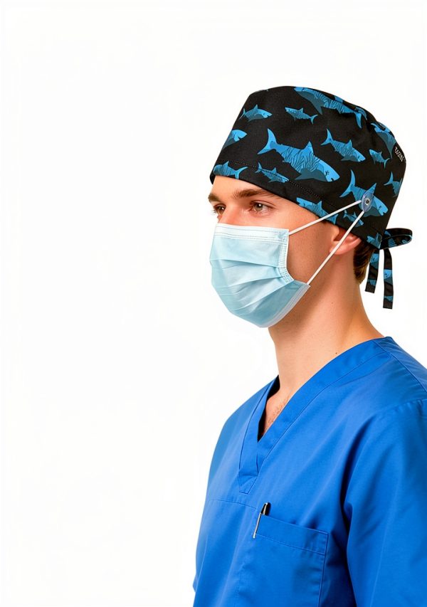 Tie-Back Scrub Cap with Button and Sweatband Modern Classic, Black Shark Print Double-Sided Adjustable Medical Hat for Men, Soft Comfortable, No-Slip for Long-Hour Wear-6