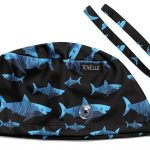 Tie-Back Scrub Cap with Button and Sweatband Modern Classic, Black Shark Print Double-Sided Adjustable Medical Hat for Men, Soft Comfortable, No-Slip for Long-Hour Wear-0