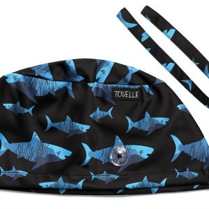 Tie-Back Scrub Cap with Button and Sweatband Modern Classic, Black Shark Print Double-Sided Adjustable Medical Hat for Men, Soft Comfortable, No-Slip for Long-Hour Wear-0