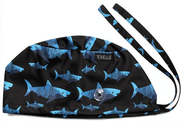 Tie-Back Scrub Cap with Button and Sweatband Modern Classic, Black Shark Print Double-Sided Adjustable Medical Hat for Men, Soft Comfortable, No-Slip for Long-Hour Wear-0