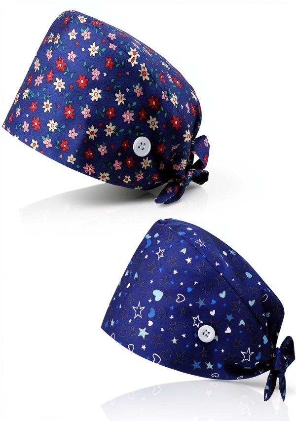 2 Pack Surgical Scrub Caps for Women Cotton Dental Maternity Headwear with Satin Lining Professional Nurse Hat with Button Sweatband Blue Healthcare Scrub Caps-1