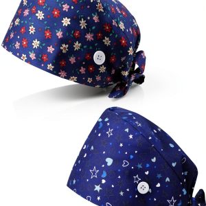 Heclia 2PCS Women Nurse Caps, Elastic Tie Back Scrub Cap, Nursing Working Caps with Adjustable Elastic Sweatband, Adjustable Sweatband Bouffant Hats, Breathable No-Slip Surgical Hat for Dentist Nurse-0