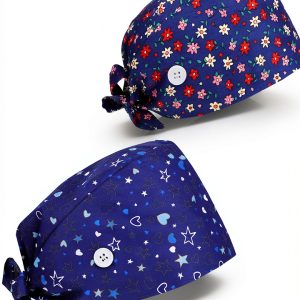 2 Pack Surgical Scrub Caps for Women Cotton Dental Maternity Headwear with Satin Lining Professional Nurse Hat with Button Sweatband Blue Healthcare Scrub Caps-0