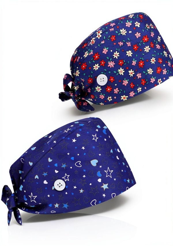 2 Pack Surgical Scrub Caps for Women Cotton Dental Maternity Headwear with Satin Lining Professional Nurse Hat with Button Sweatband Blue Healthcare Scrub Caps-0