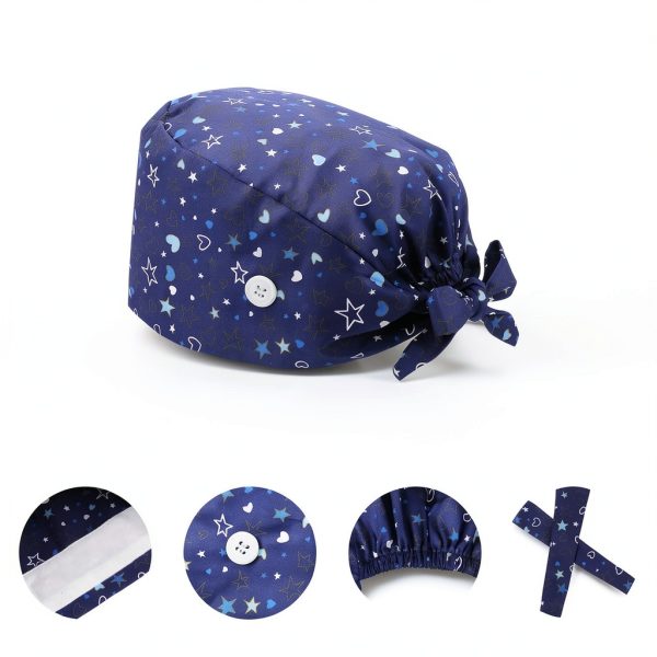2 Pack Surgical Scrub Caps for Women Cotton Dental Maternity Headwear with Satin Lining Professional Nurse Hat with Button Sweatband Blue Healthcare Scrub Caps-6
