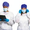 2 Pack Surgical Scrub Caps for Women Cotton Dental Maternity Headwear with Satin Lining Professional Nurse Hat with Button Sweatband Blue Healthcare Scrub Caps-3