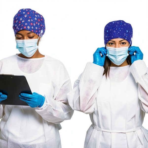 2 Pack Surgical Scrub Caps for Women Cotton Dental Maternity Headwear with Satin Lining Professional Nurse Hat with Button Sweatband Blue Healthcare Scrub Caps-3