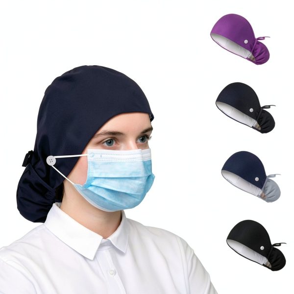 Satin Lined Scrub Caps 4pcs Adjustable Button Sweatband Nurse Hat-2