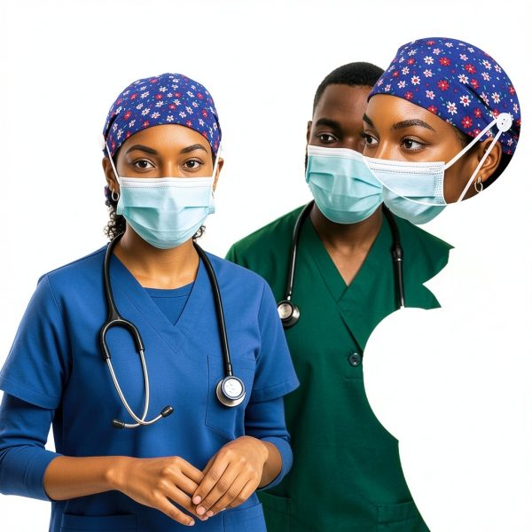 2 Pack Surgical Scrub Caps for Women Cotton Dental Maternity Headwear with Satin Lining Professional Nurse Hat with Button Sweatband Blue Healthcare Scrub Caps-5