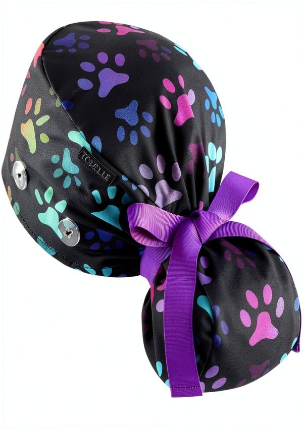 Ponytail Scrub Cap TOVELLE Surgical Hat Black Rainbow Paw Buttons-0