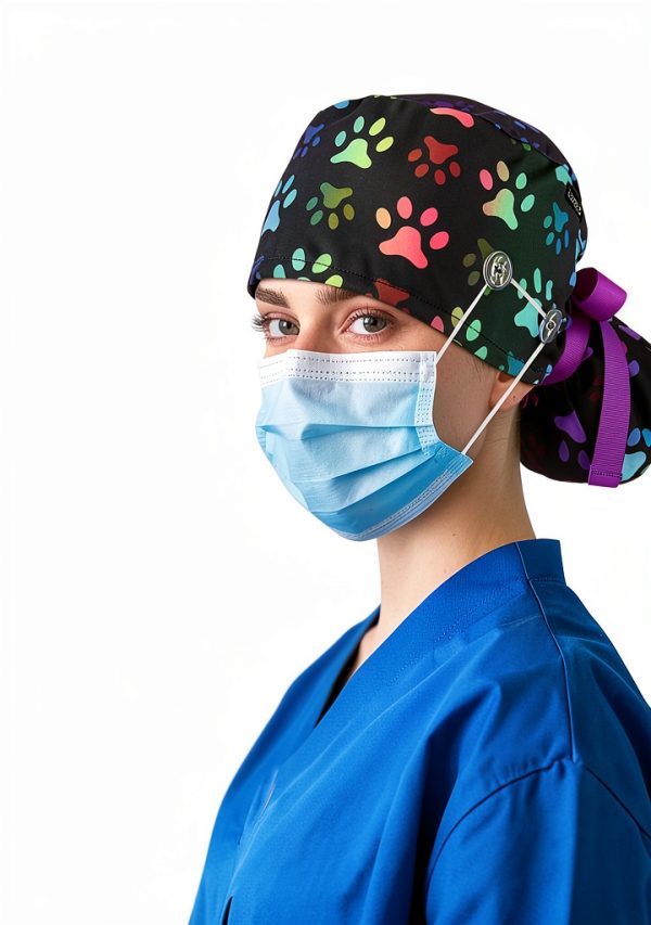 Ponytail Scrub Cap TOVELLE Surgical Hat Black Rainbow Paw Buttons-6