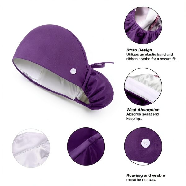 Satin Lined Scrub Caps 4pcs Adjustable Button Sweatband Nurse Hat-4