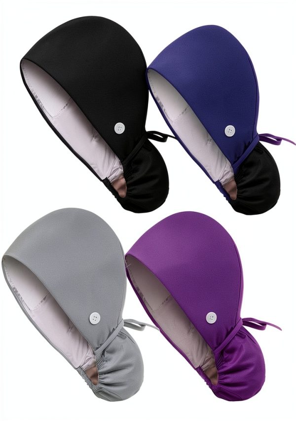 Satin Lined Scrub Caps 4pcs Adjustable Button Sweatband Nurse Hat-0
